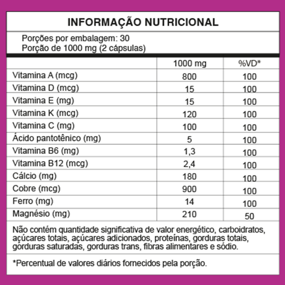 Vitta Prime A-Z Suplemento Completo de Vitaminas e Minerais para Saúde Geral - Oz Suplementos - tabela nutricional