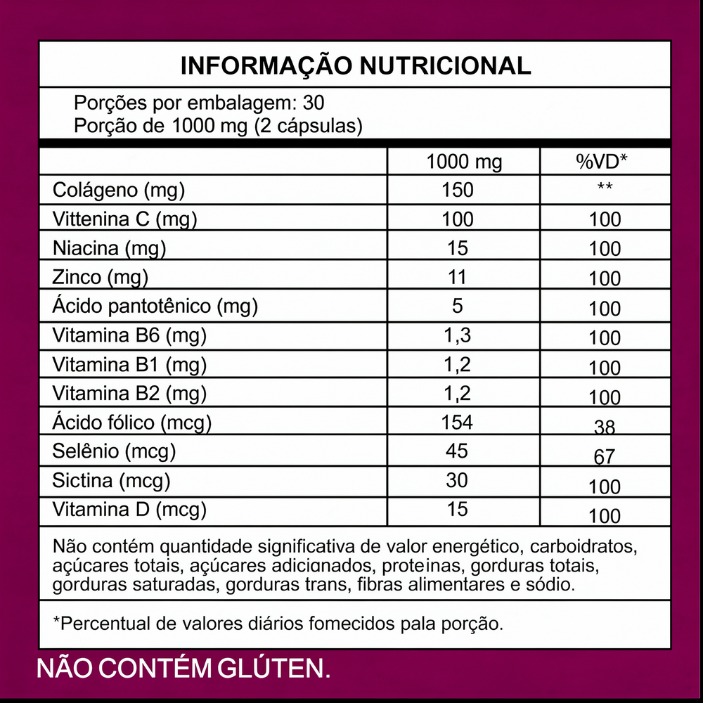 Vitta Skin Suplemento para Saúde e Beleza da Pele - Oz Suplementos - tabela nutricional